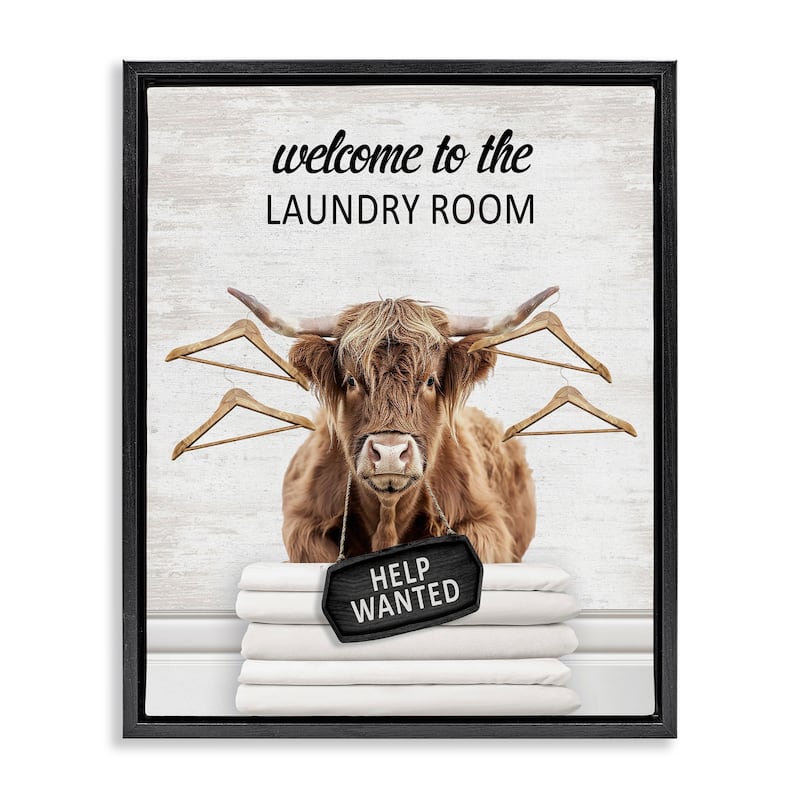 Stupell Welcome Laundry Room Cattle Framed Floater Canvas Wall Art Design By Lettered and Lined - 17 x 21 - Black