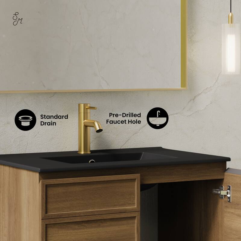 St. Tropez 30" Wall-Mounted Bathroom Vanity In Brown Oak With Black Sink Top - 30