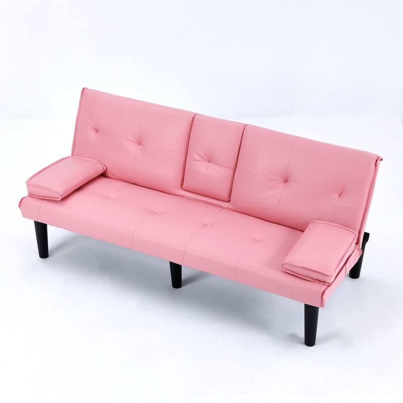 The 67-inch black PVC multi-functional sofa bed with a foldable and cup holder design
