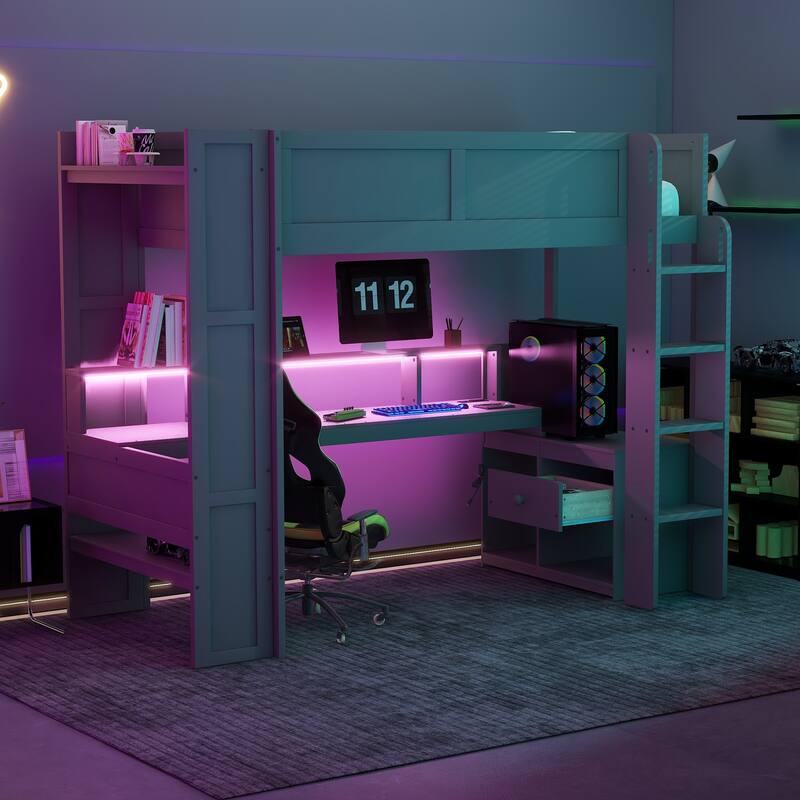 Roomfitters Twin Size Wood Gaming Loft Bed with Desk and Storage Shelves, Built-in Charging Station for Bedroom, Dark Grey