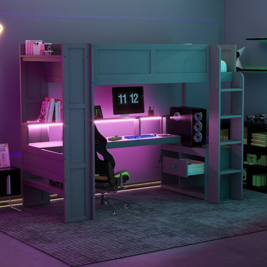 Wood Twin Size Gaming Loft Bed with Desk, Multi-storage Shelves, LED and Charging Station