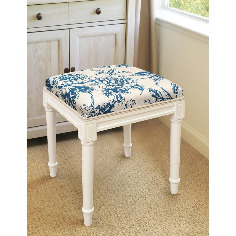 Navy Blue Peony Vanity Stool with White Frame