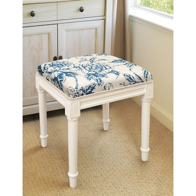 Navy Blue Peony Vanity Stool with White Frame