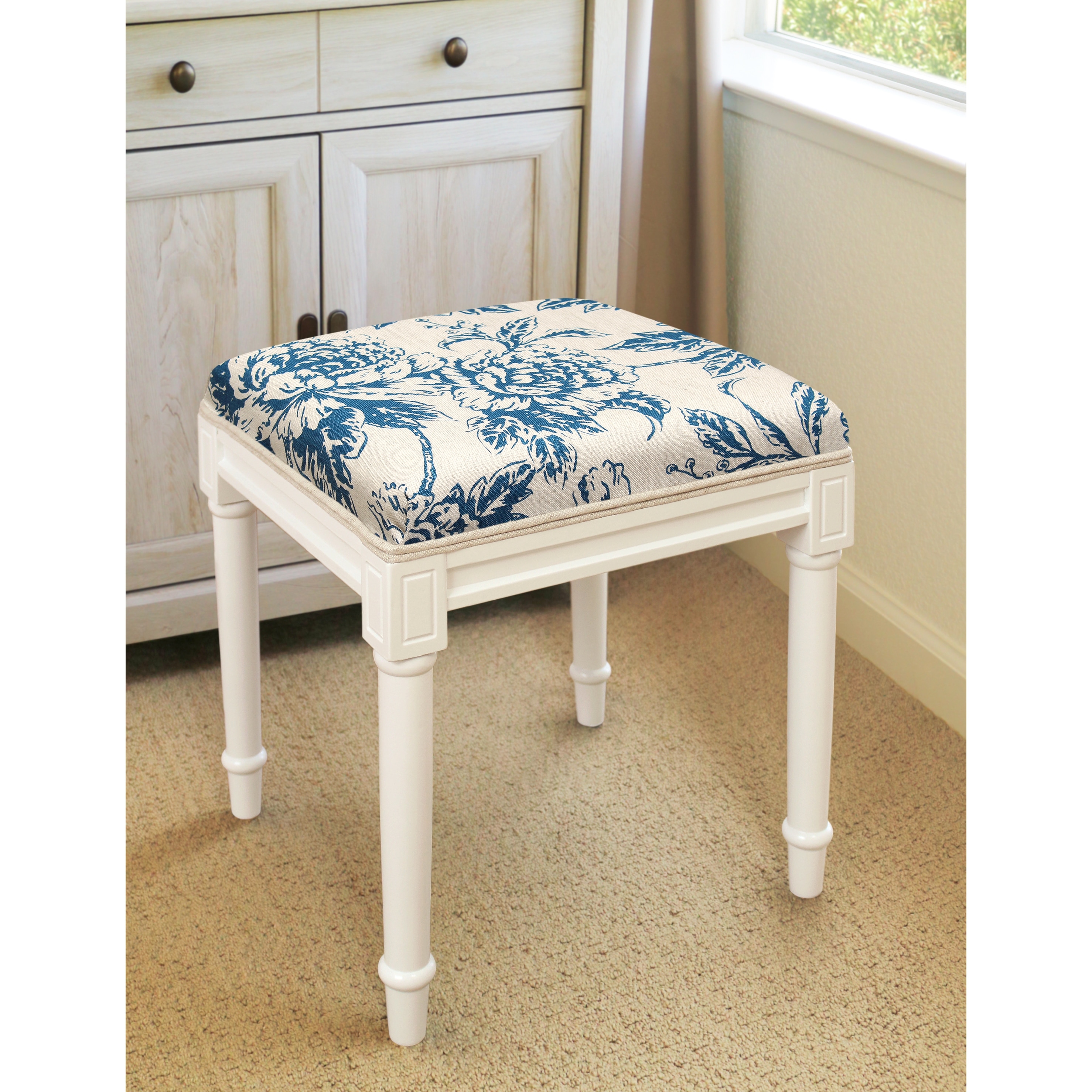 Navy Blue Peony Vanity Stool with White Frame