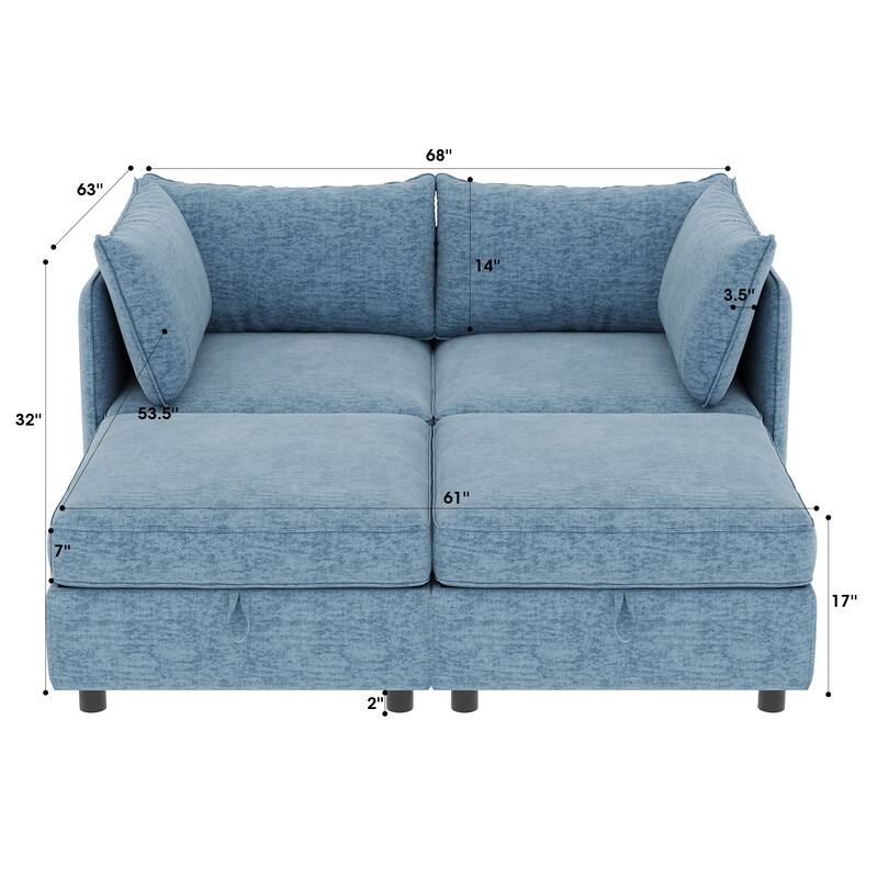 68" Loveseat Sofa with Storage Upholstered Sectional Sofa Chenille Cloud Couch with 2 Ottoman, Sleeper Sofa Bed for Small Spaces