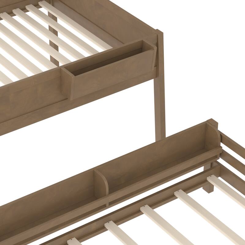 Queen Bunk Bed With Storage Shelf and Bookshelf,Wood Bunk Bed with Ladder and Guardrails,Detachable Design