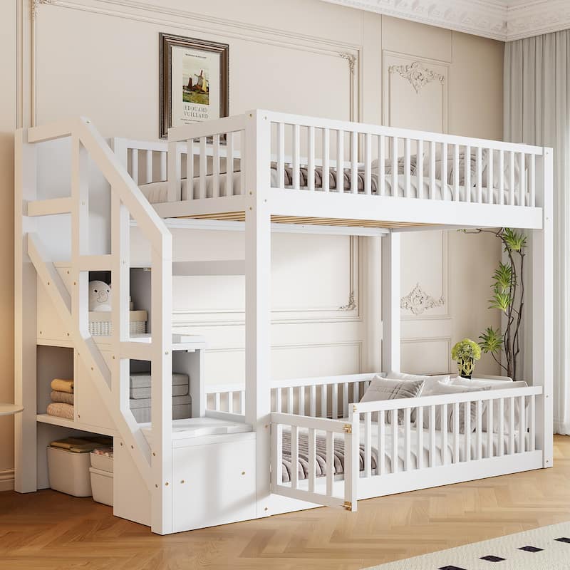 Twin Over Twin Floor Bunk Bed Frame with Storage Stairs and Door