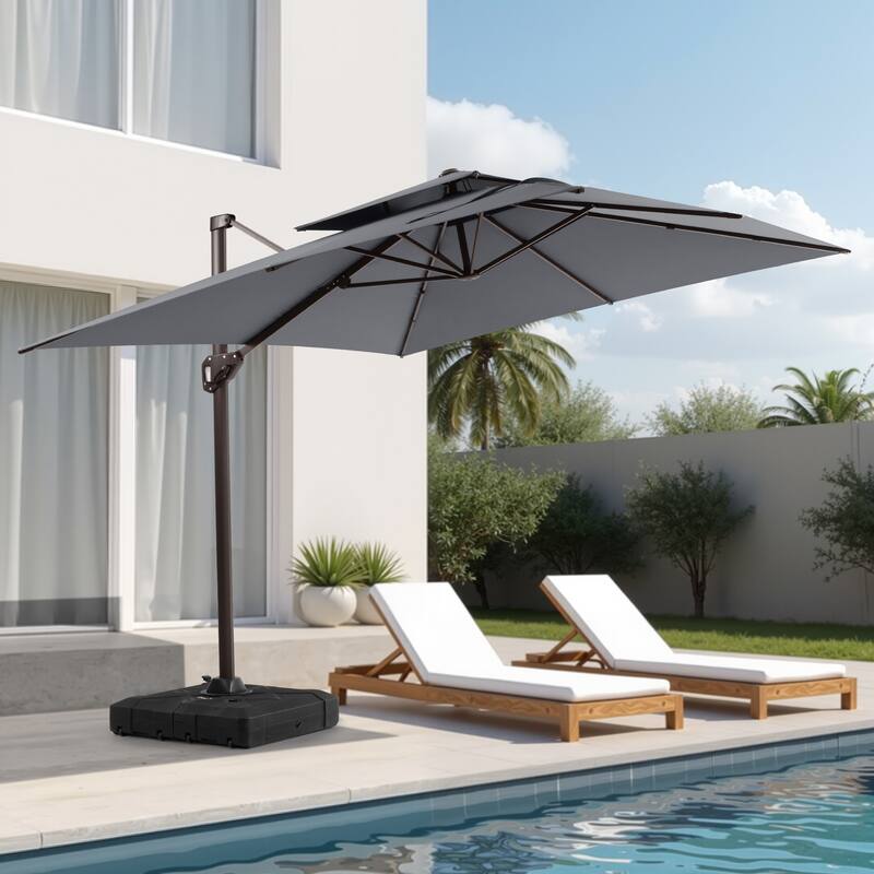 11 × 9 ft Outdoor Patio Offset Cantilever Dual Top Umbrella with Weighted Base - Dark Grey