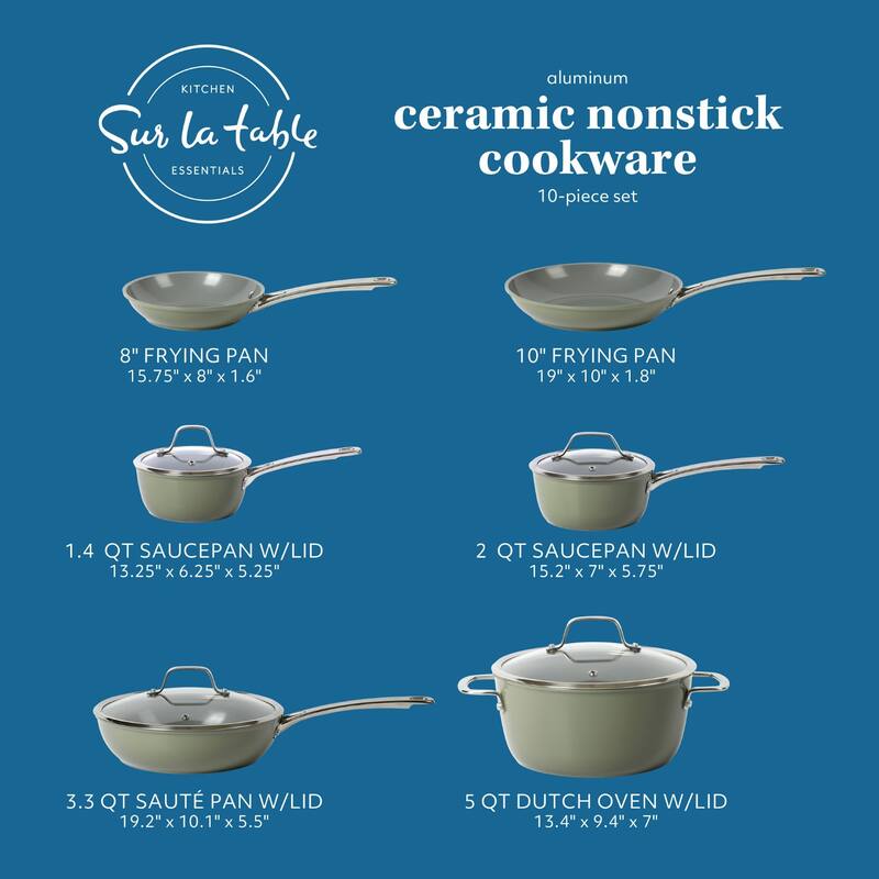 Sur La Table Kitchen Essentials 10 Piece PFA Free Titanium Ceramic Nonstick Interior Forged Aluminum Cookware Pots and Pans Set
