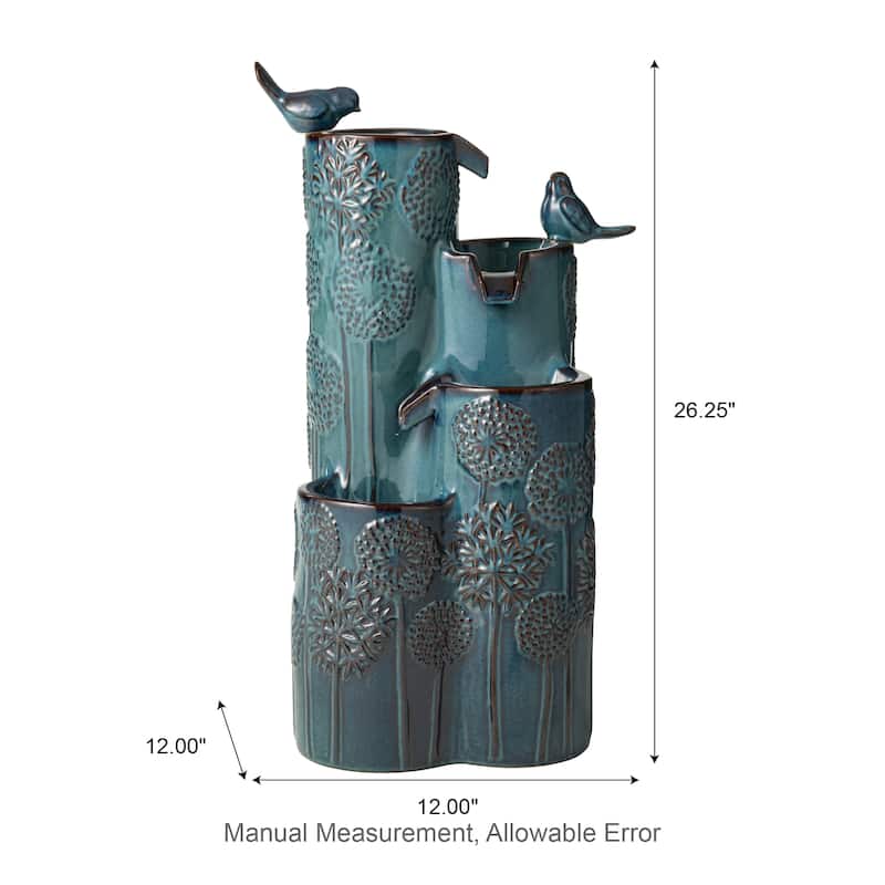 Glitzhome 27" H 4-Tier LED Ceramic Outdoor Floor Fountain with Birds, Cobalt Blue Turquoise Dandelion Texture Vase-Shaped