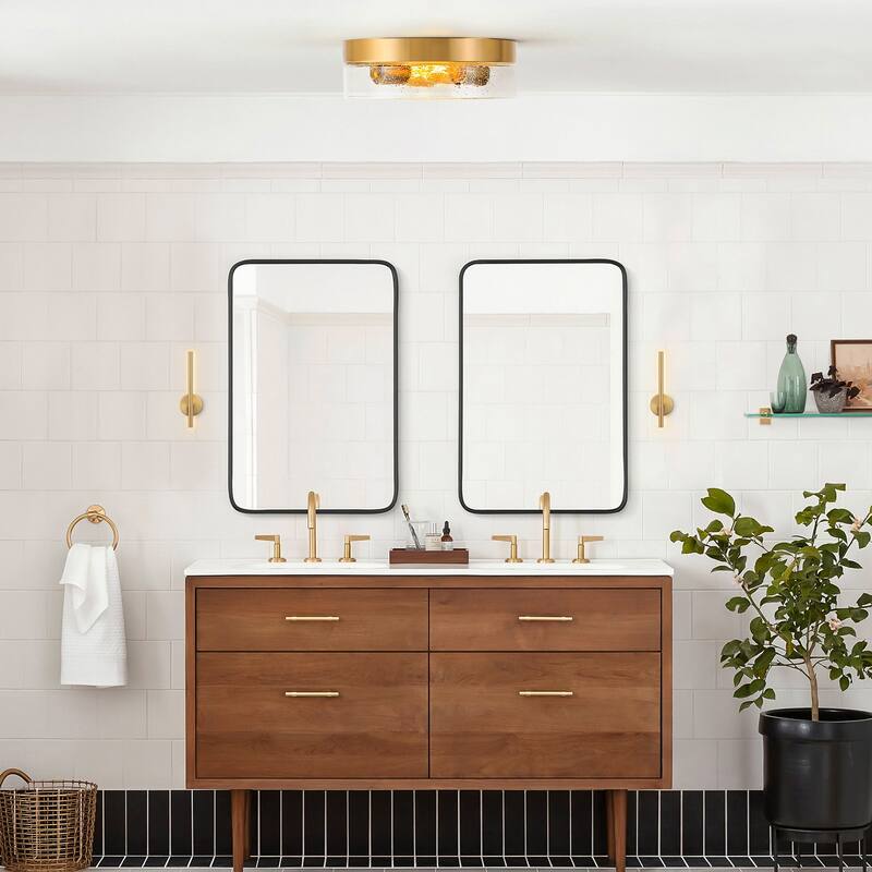 2-Light Gold/Bronze Modern Farmhouse Industrial Dimmable Dome Round Flush Mount Light with Seeded Glass Shade