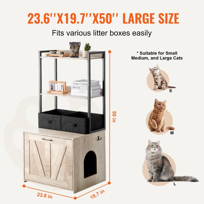 Cat Litter Box Enclosure, Hidden Litter Box Furniture with 2 Storage Shelves & 2 Baskets, Wooden Cat Washroom Indoor,