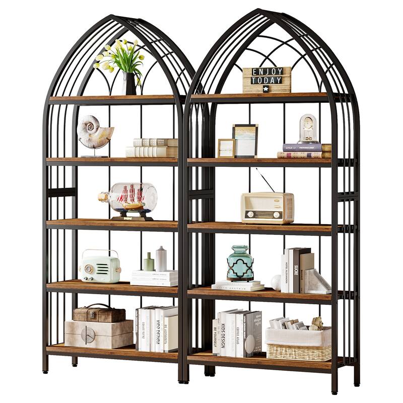 5-Tier Bookshelf Bookcase with Unique Bow Design Top for Home Office, Open Display Storage Shelf for Living Room