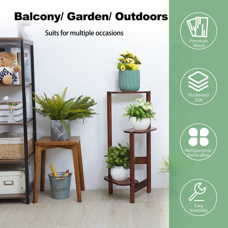 3 Tiers Ladder Triple Plant Stand Corner Bamboo Plant Shelf Rack