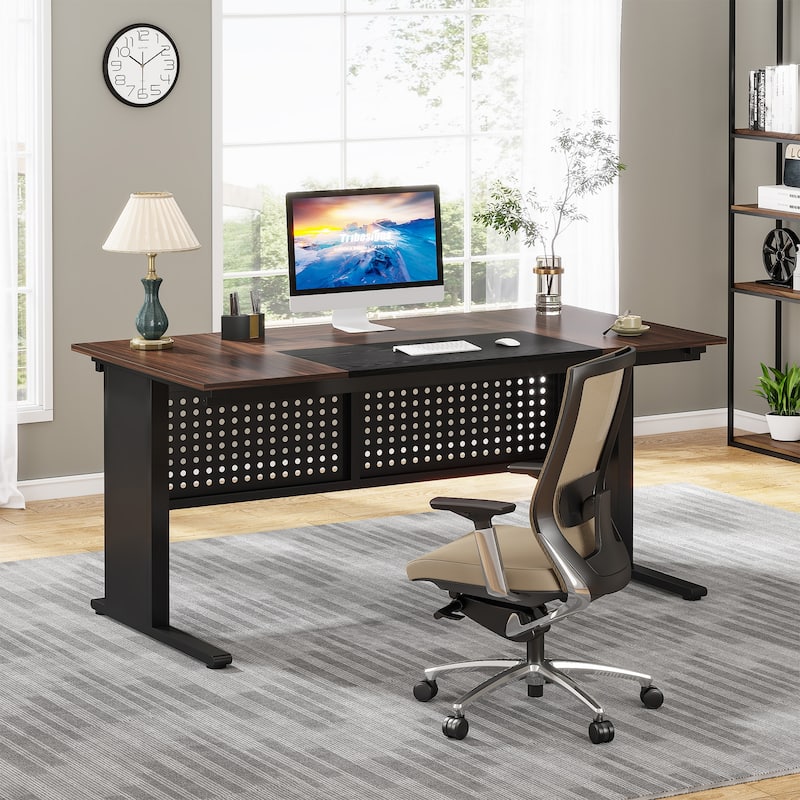 63 Inch Executive Desk with File Cabinet, L Shaped Desk with Drawers and Shelves for Home Office