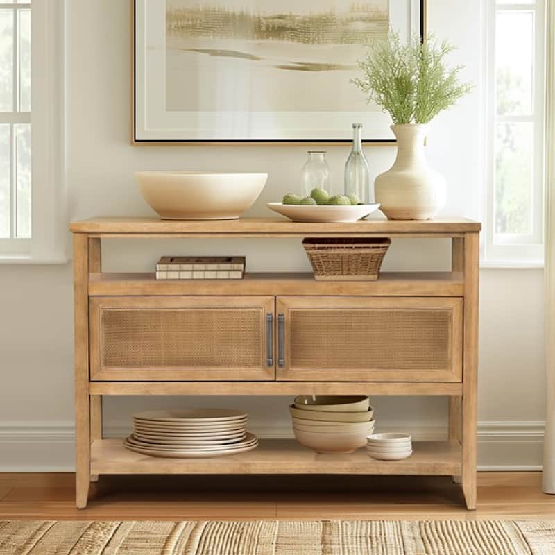 Roomfitters 2 Door Storage Console Table, Cane Door Entryway Console with Shelves, Wood Accent Cabinet for Living Room, Natural