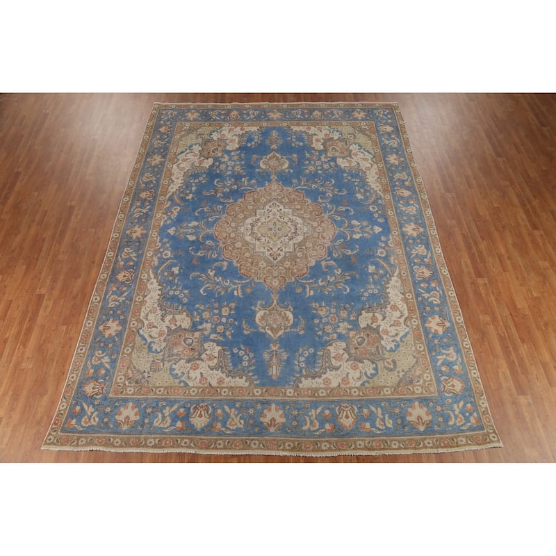 Blue Tabriz Persian Vintage Area Rug Hand-Knotted Wool Carpet - 9'6"x 12'8"