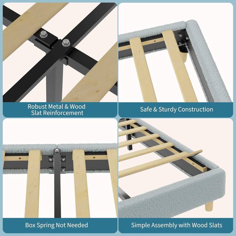 Twin Bed Frame, with Wooden Slats and Round Boucle Headboard