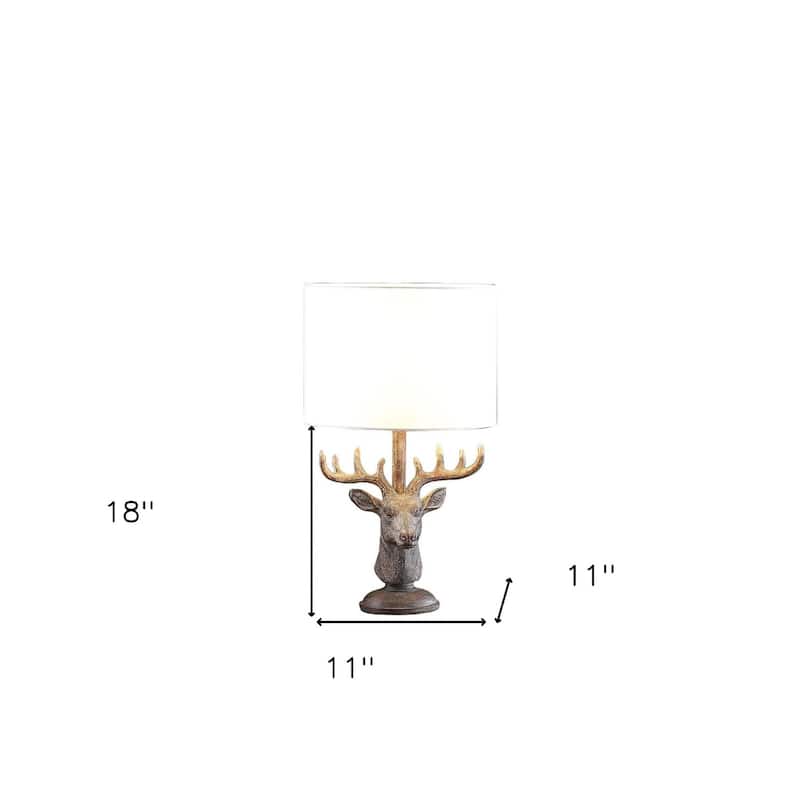 18" Antiqued Bronze Stag Rustic Antler Table Lamp with White Drum Shade for Bedroom or Office - 18"H x 11"W x 11"D