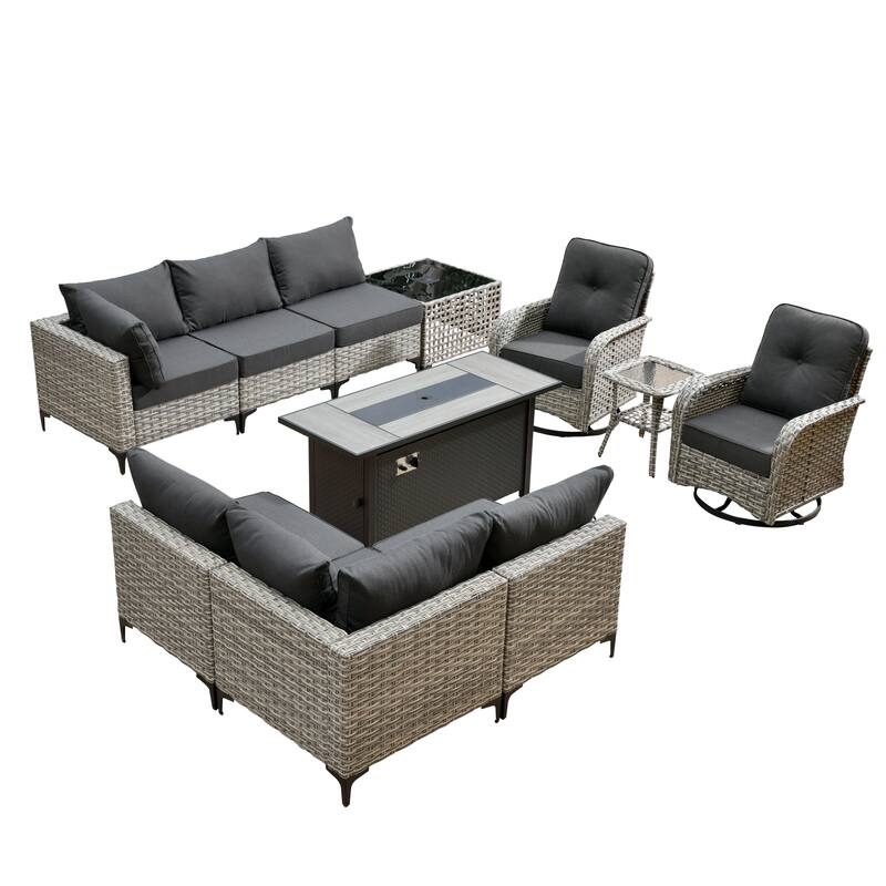 HOOOWOOO 11-piece Outdoor Patio Sofa Wicker Furniture Swivel Chair Set with 54" Fire Pit Table