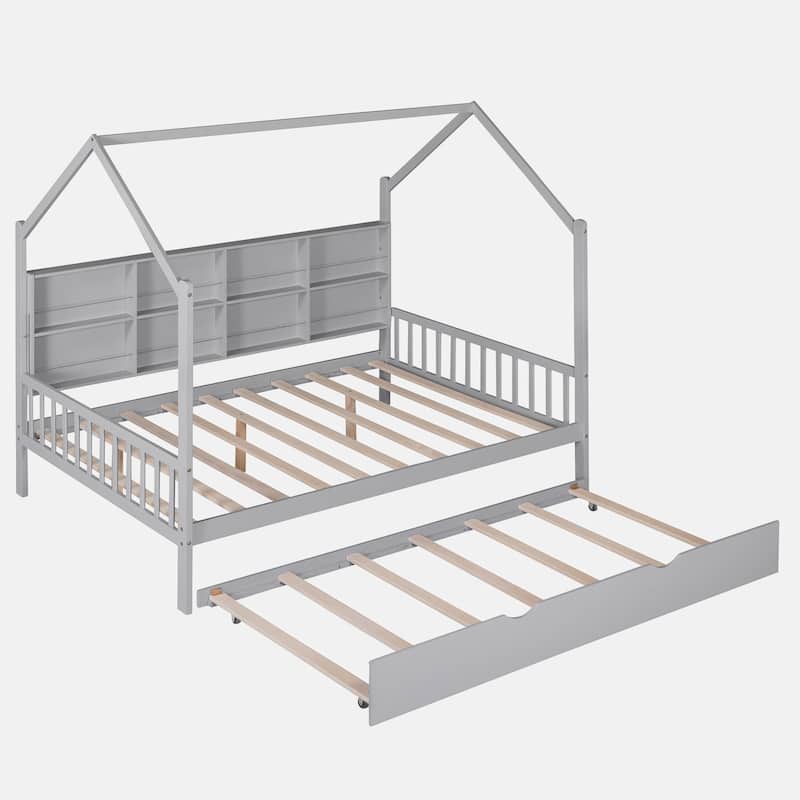 Wooden Twin Size House Bed with Trundle,Kids Bed with Shelf