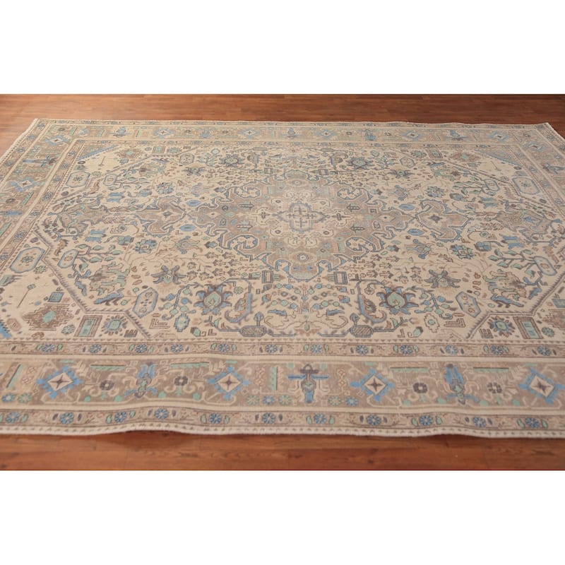 Tabriz Persian Area Rug Hand-Knotted Oriental Beige Wool Carpet - 8'0"x 10'6"