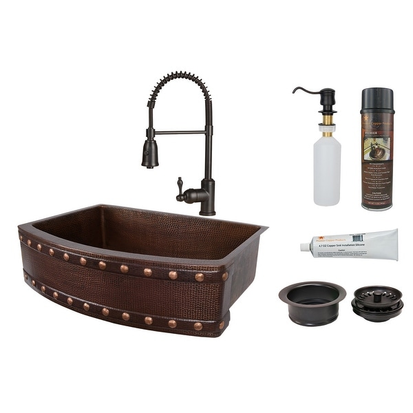 Premier Copper Products KSP4_KASRDB30249BS Barrel Strap 30" Hammered Copper Single Basin Farmhouse Kitchen Sink with 1.8 GPM