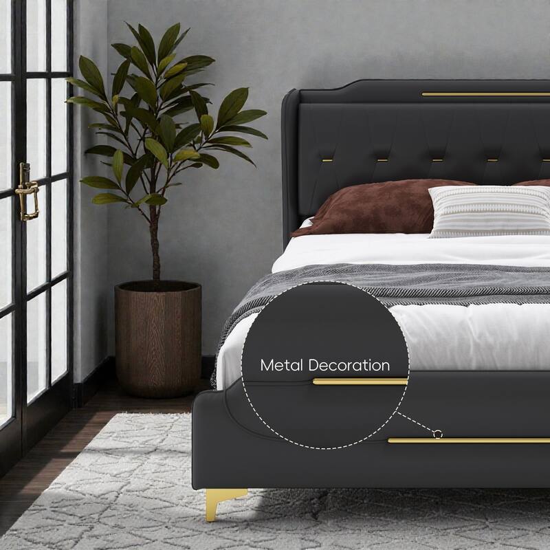 Queen/King PU Leather Upholstered Platform Bed with Wingback Headboard & Footboard, Gold Metal Accents and Wooden Slats