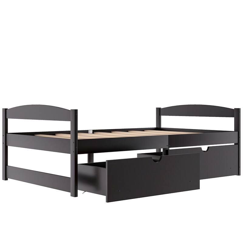 Twin Size Platform Bed with 2 Drawers in Espresso Finish, Space-Saving Storage