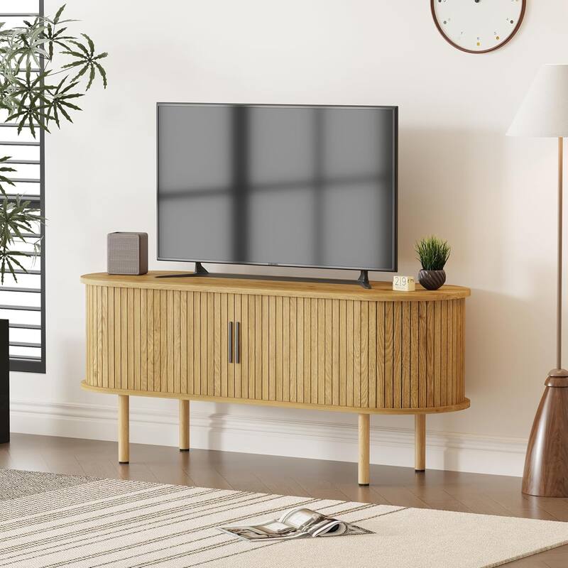 47.2'' TV Stand with Sliding Door, Modern Entertainment Console Table with Storage - Wood Grain