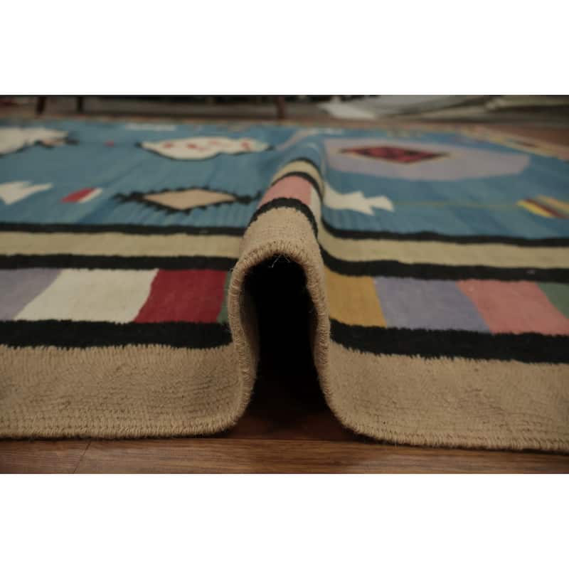 Hand Woven Oriental 100% Wool Carpet Southwestern Tribal Navy Blue & Blues Kilim Area Rug - 11' 11'' X 8' 11''