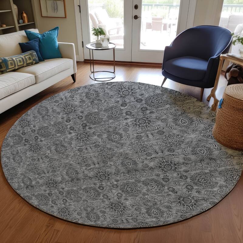 Machine Washable Indoor/ Outdoor Chantille Traditional Floral Rug - Gray - 8' x 8'