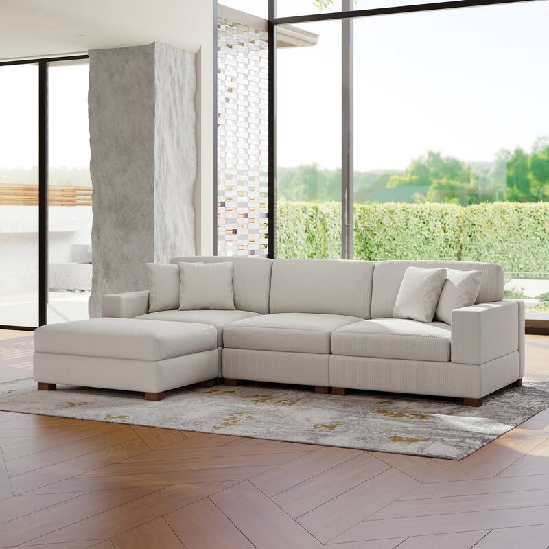 Modular Corduroy Sectional Sofa Set Chaise Couch with Ottoman - Beige-4 Piece