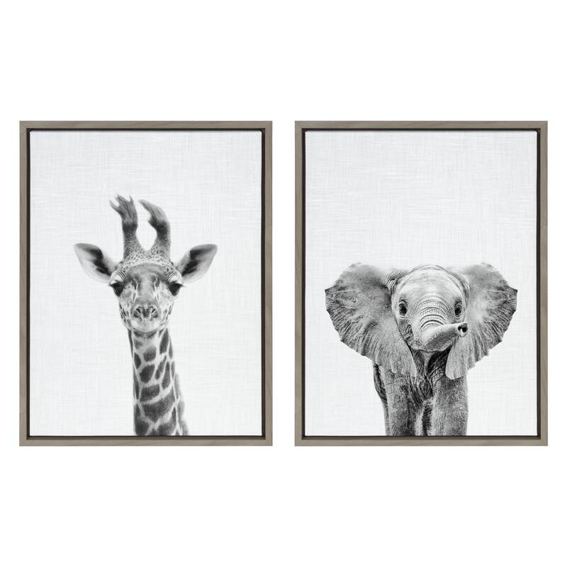 Kate and Laurel Sylvie Baby Giraffe and Elephant Canvas By Simon Te - Gray - 18 x 24 - Plastic - Grey