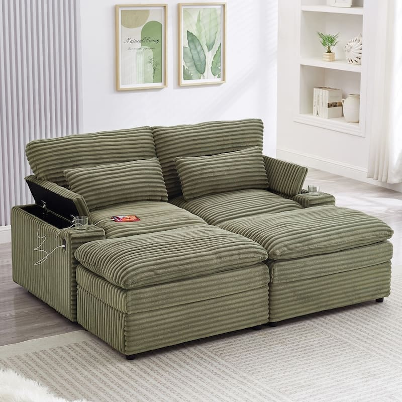 70.9" Loveseat Sectional Convertible Sofa with Ottomans and Storage Space, USB Ports
