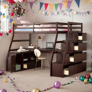 Twin Size Playhouse Loft Bed with 7 Drawers 2 Shelves and Desk, White