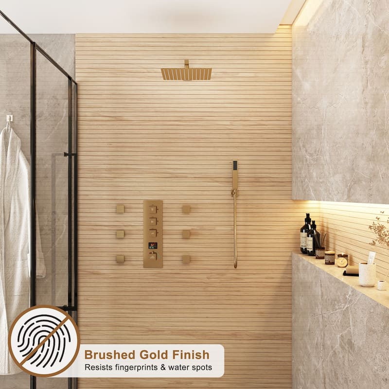 CASAINC 12 Inch Wall Mounted Square Shower Head Shower System with Handheld Shower Body Digital Display Shower 6 Body Jet