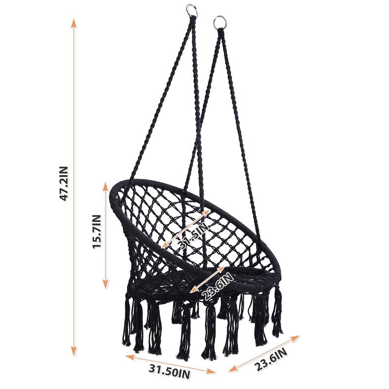 Hammock Swing Chair Hanging Chair with Fringe, Handwoven Hanging Seat with Arched Backrest & Cotton Rope