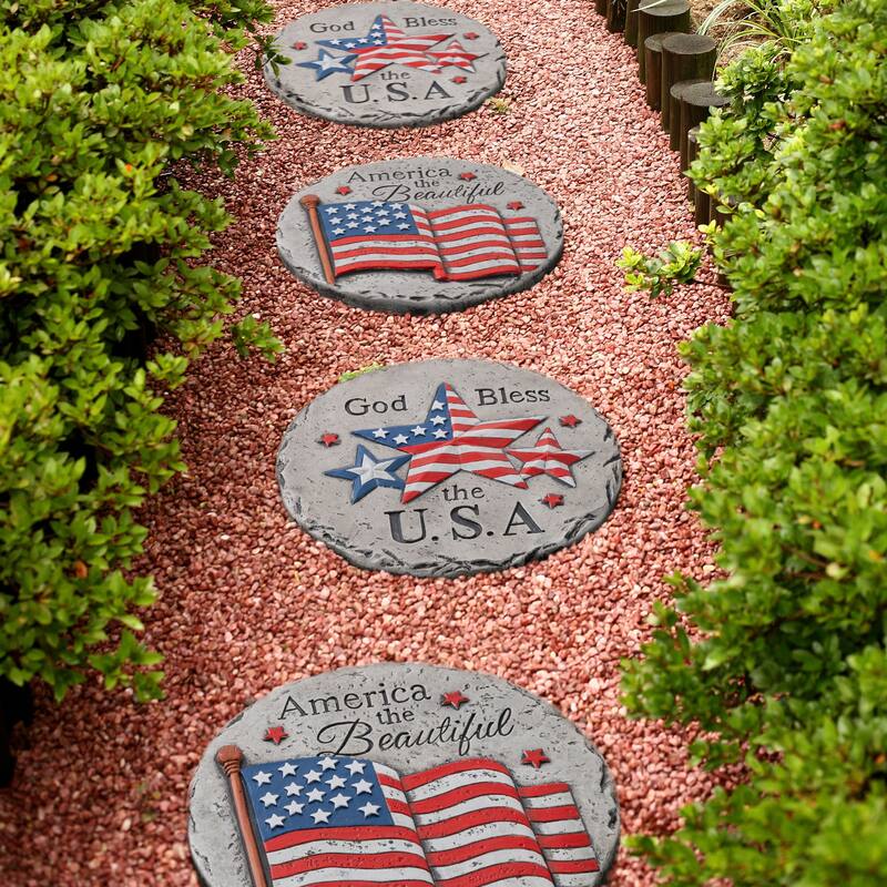 Glitzhome 4-Piece 10"D Patriotic/Americana Cement Flag and Stars Stepping Stone
