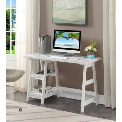 Designs2Go Trestle Desk with Shelves, White Marble/White