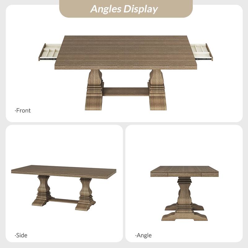 Pawel 86" Farmhouse Double Pedestal Dining Table with Two Built-in Divided Drawers by HULALA HOME