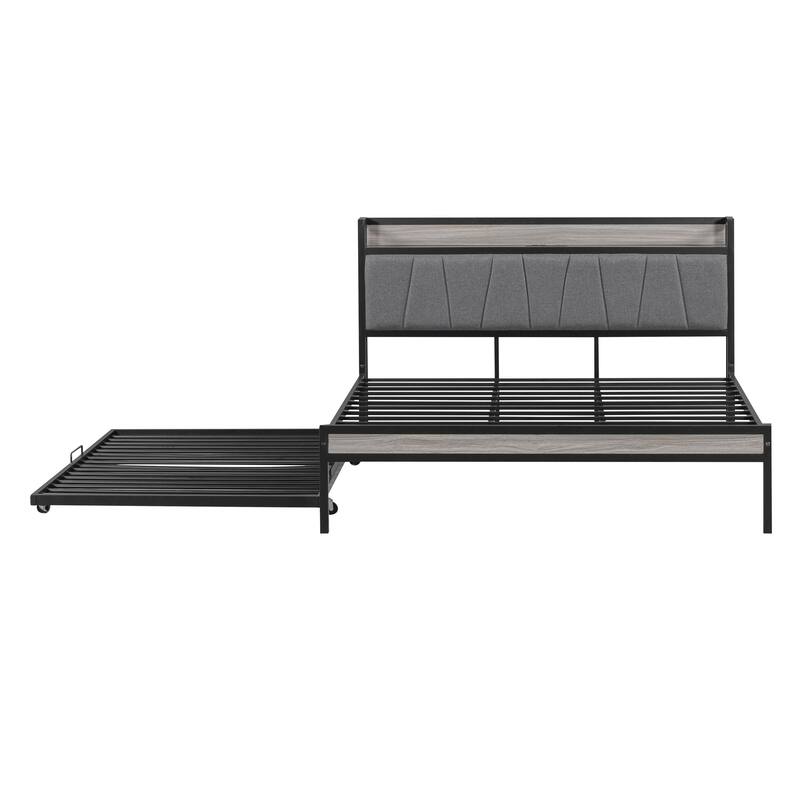 HomeRoots Black and Gray Metal And Upholstery Queen Bed Frame With Trundle