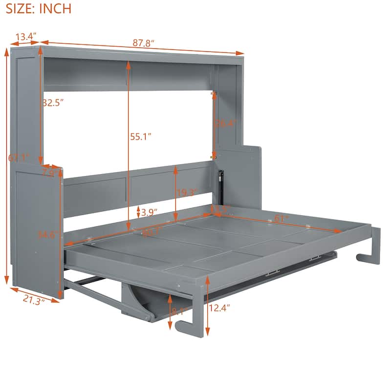 Full/Queen Size Murphy Bed with Hydraulic Lift, Fold-Down Desk & Storage, Space-Saving Wall Bed Design