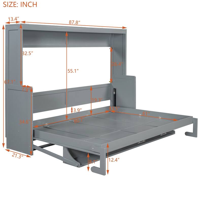 Queen Size Foldable Murphy Bed Wall Bed Convertible Desk with Storage, Bedroom Pine Wood Bed Frame, Modern Pull Down Bed