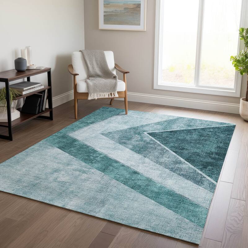 Machine Washable Indoor/ Outdoor Chantille Modern Geometric Rug - Teal - 10' x 14'