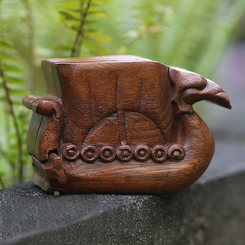 Novica Handmade Swan Ship Decorative Wood Puzzle Box