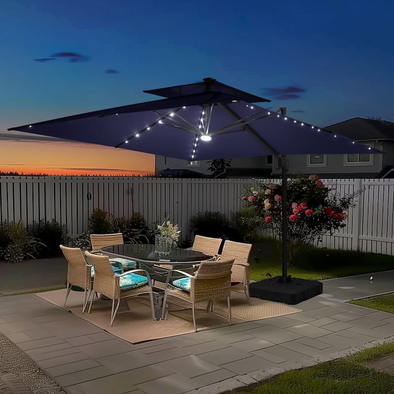 11FT Patio Cantilever Umbrella with LED Lights Double Vented Umbrella with Weighted Base
