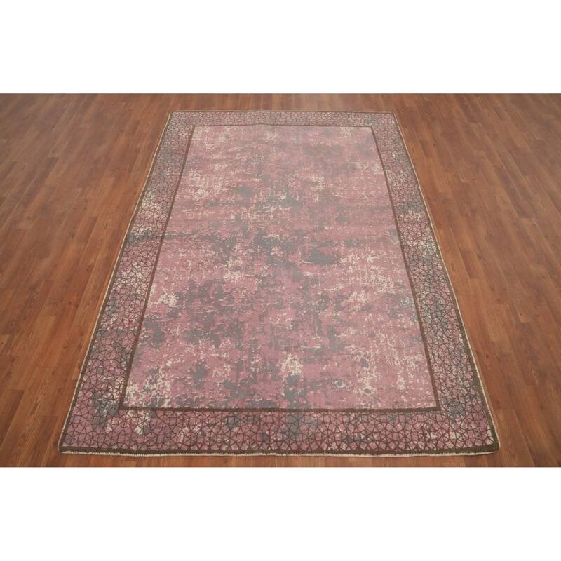 Hand Knotted Oriental Viscose Silk Carpet Modern Pictorial Pink Abstract Area Rug - 7' 9'' X 5' 4''