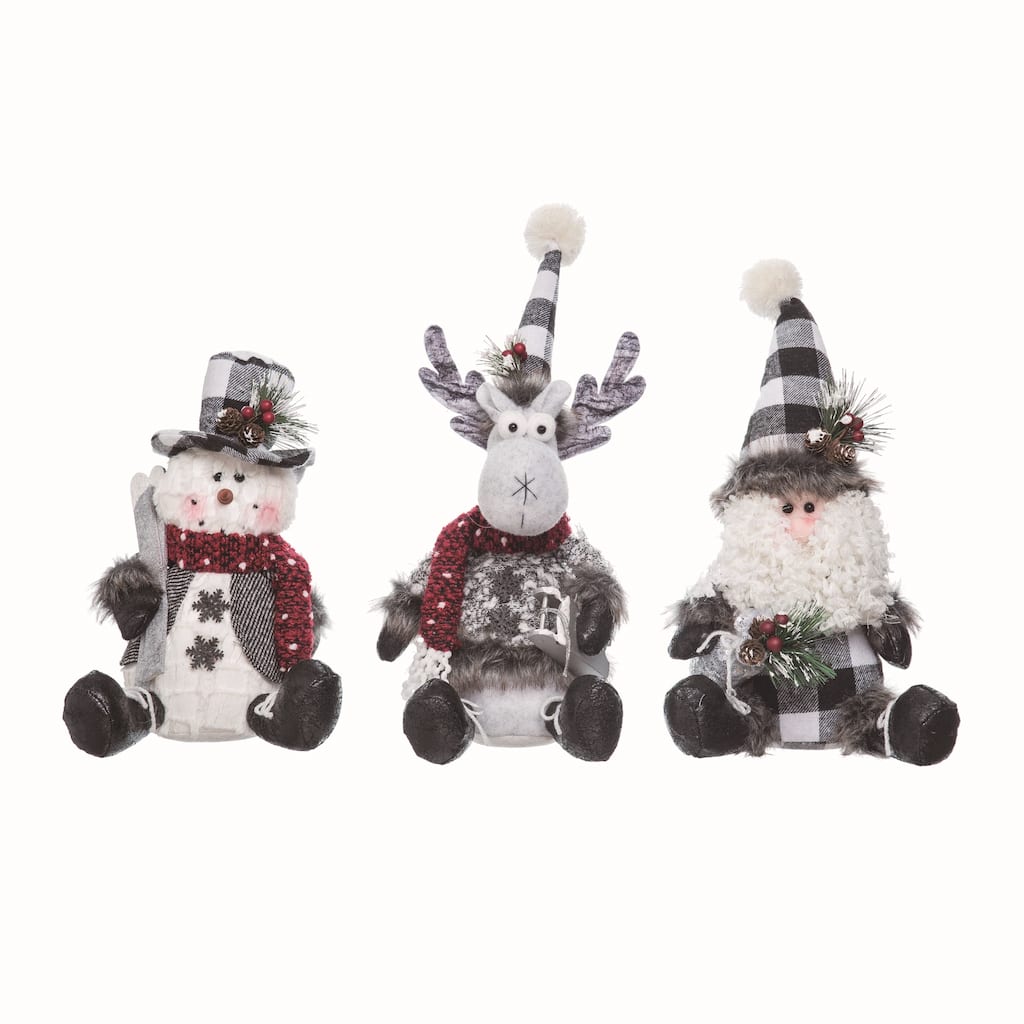 Transpac Plush Black/White Check Sitter Set of 3 Christmas Home Decorations