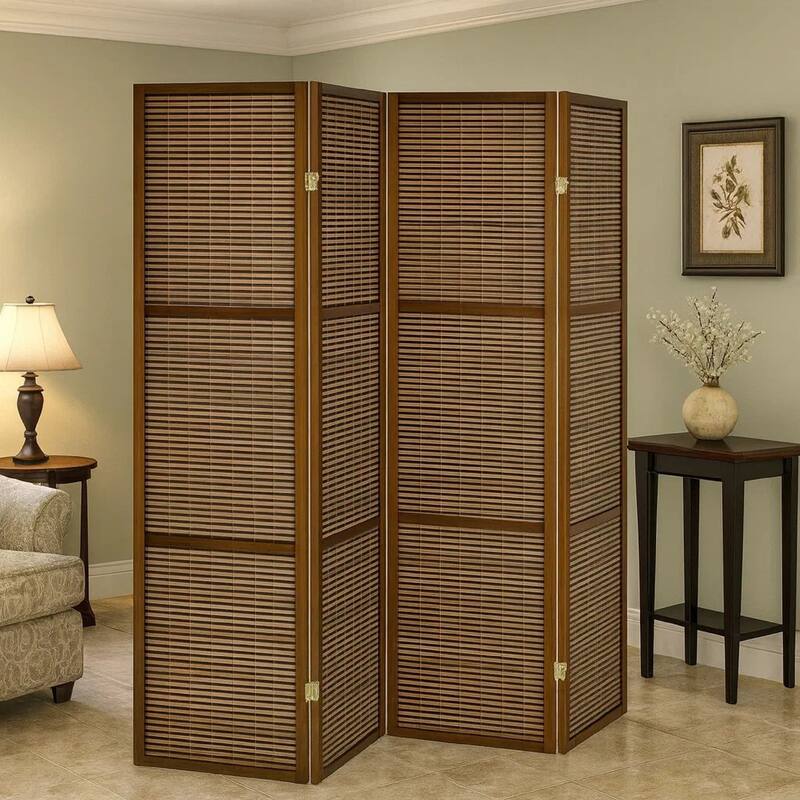 Rown 4 Panel Foldable Privacy Screen, Bamboo, Brown Pine Wood 70 Inch